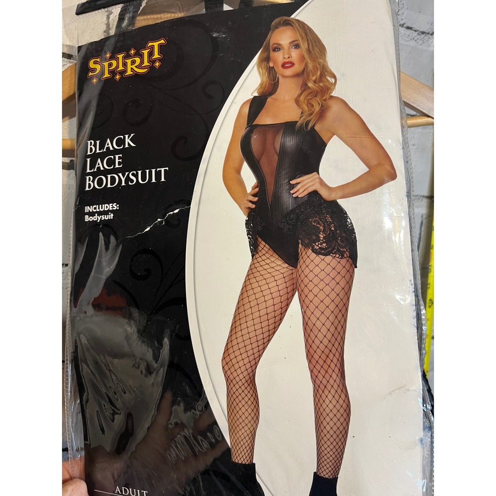 Spirit Halloween Black Lace Bodysuit Costume XL 14-16 Leather Whip Accessory